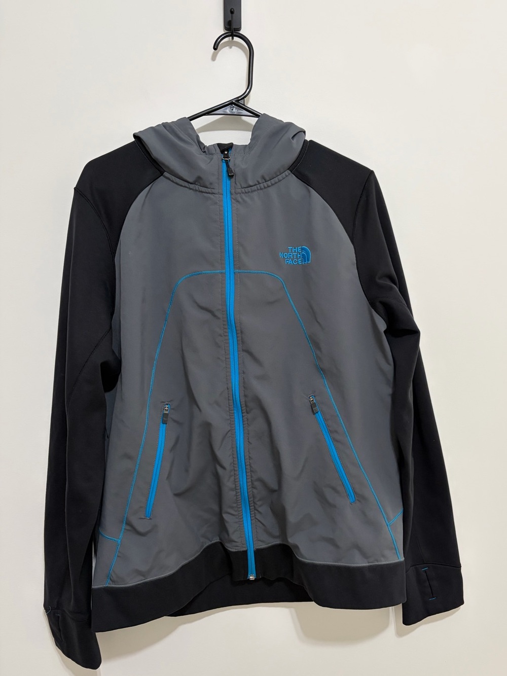 The North Face Gray & Black Hooded Jacket with Blue Trim